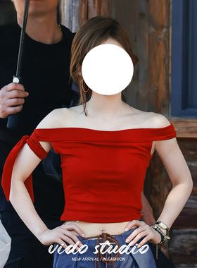 赵露思同款红色一字肩t恤女夏美式辣妹短款小众设计背心绑带上衣