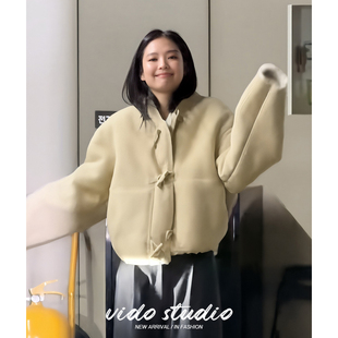 金智妮jennie同款牛角扣立领短款外套女毛毛绒面皮毛一体夹克秋冬