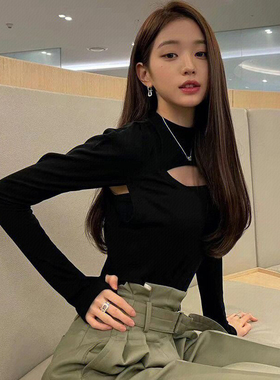张元英同款黑色长袖针织衫背心两件套女辣妹镂空修身显瘦毛衣春季
