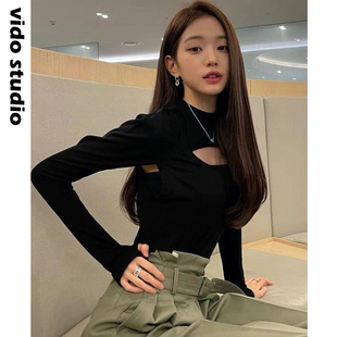 显瘦毛衣春季 张元 背心两件套女辣妹镂空修身 针织衫 英同款 黑色长袖