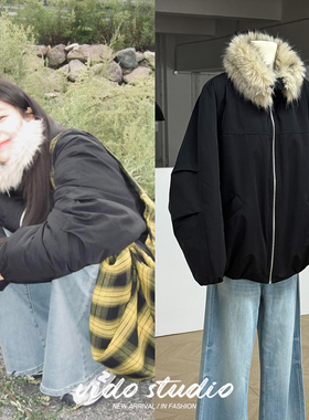 孙千王楚然同款复古黑色环保皮草立领派克棉服女宽松外套夹克衣厚