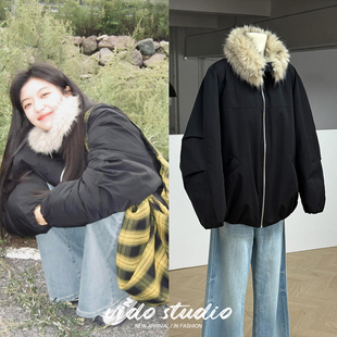 孙千王楚然同款复古黑色环保皮草立领派克棉服女宽松外套夹克衣厚