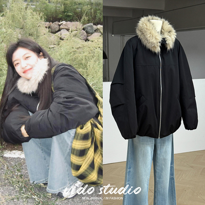 黑色毛领连帽棉服外套短款加厚冬