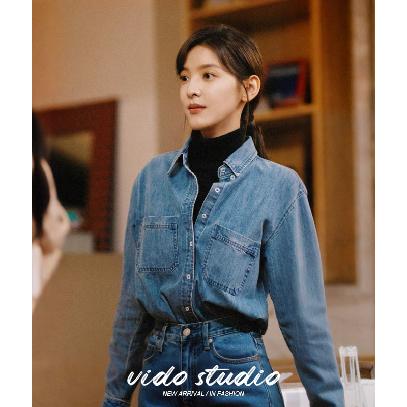 章若楠同款蓝色长袖牛仔衬衫女叠穿正肩设计感港风休闲上衣衬衣秋