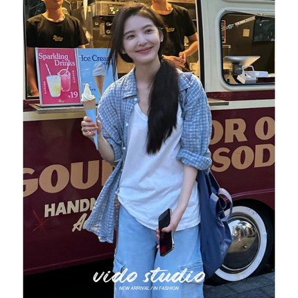 章若楠同款宽松设计感小众蓝色格纹长袖衬衫女薄款防晒上衣外搭夏