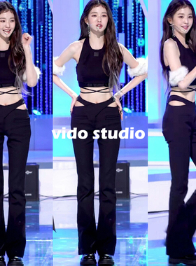 张元英同款黑色露腰交叉设计感小众修身微喇叭裤辣妹女团风西装裤