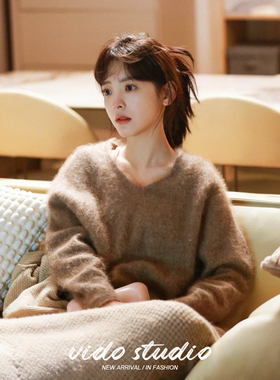 章若楠同款慵懒风V领羊绒羊毛针织衫女宽松毛衣高级感温柔上衣冬