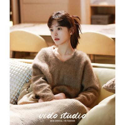 拉绒羊毛气质V领针织衫毛衣