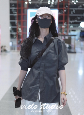 倪妮同款同款灰色长袖衬衫女正肩设计感工装港风休闲上衣衬衣早秋