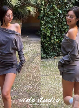 金智妮Jennie同款灰色一字领露斜肩连衣裙女辣妹慵懒松弛感包臀裙