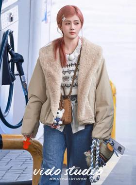 白鹿同款翻领羊羔毛外套女25冬季短款可爱毛绒上衣小个子棉服棉衣