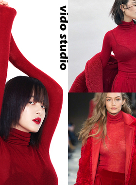 红色高领打底衫女修紧身羊毛绒针织衫长袖内搭毛衣黑超细薄款秋冬