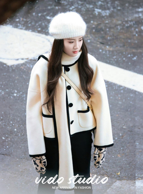 卢昱晓同款白色围巾毛呢外套女25秋冬千金短款小香风气质羊毛大衣