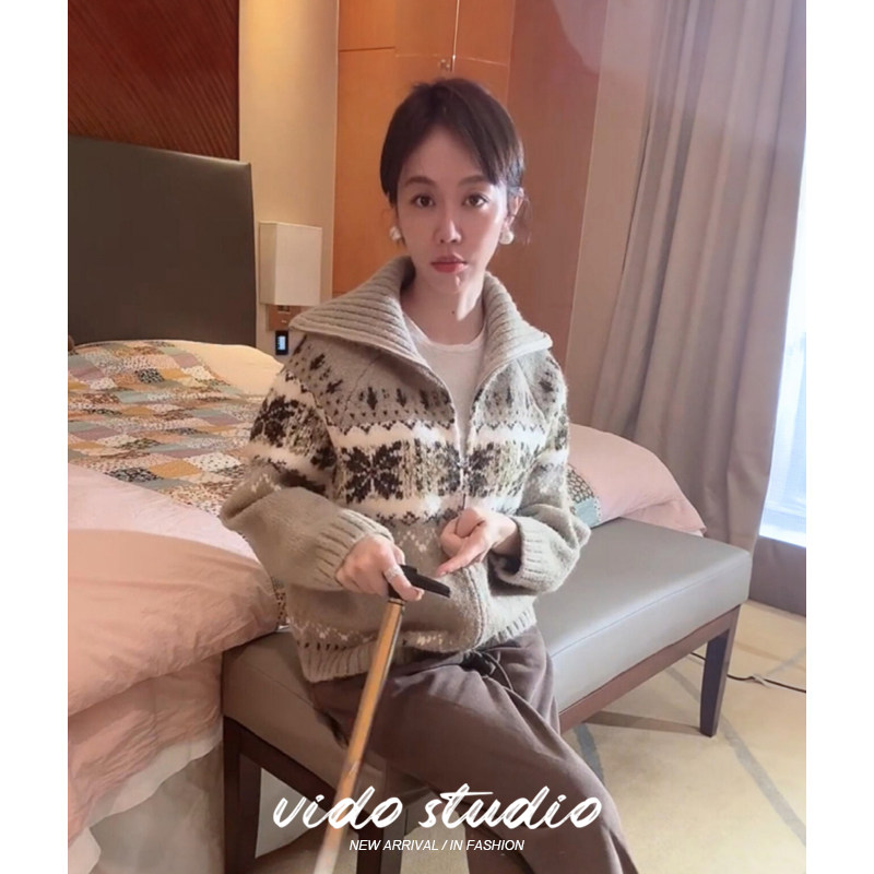 姜妍同款复古费尔岛提花翻领拉链针织开衫毛衣女秋冬羊毛衫上衣厚,女装/女士精品,毛衣,淘宝优惠券,粉丝福利购,淘宝优惠卷