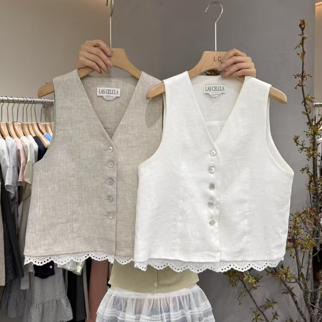 V领拼接蕾丝边气质亚麻马甲