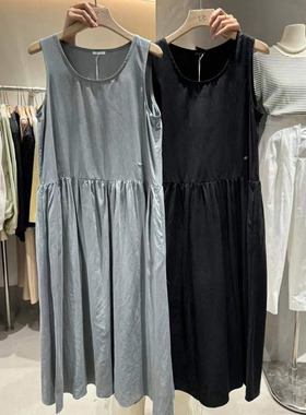 LAS CELULA正品实体店同款高质感圆领无袖灰色抽褶连衣裙女背心裙