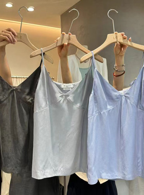 LAS CELULA正品实体店同款灰色铜氨丝吊带背心女休闲百搭上衣潮