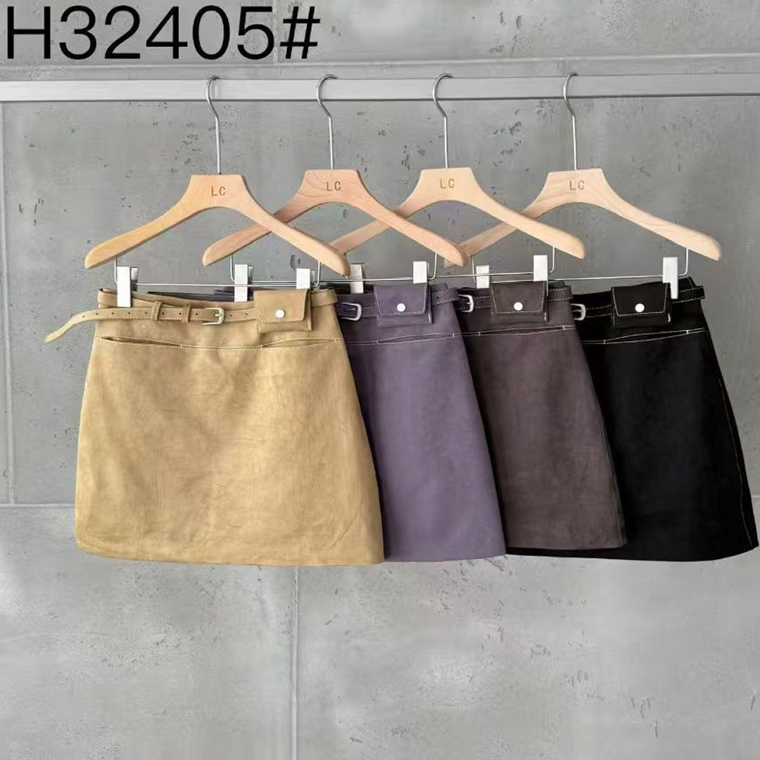 复古高腰麂皮绒a字短裙女包臀裙