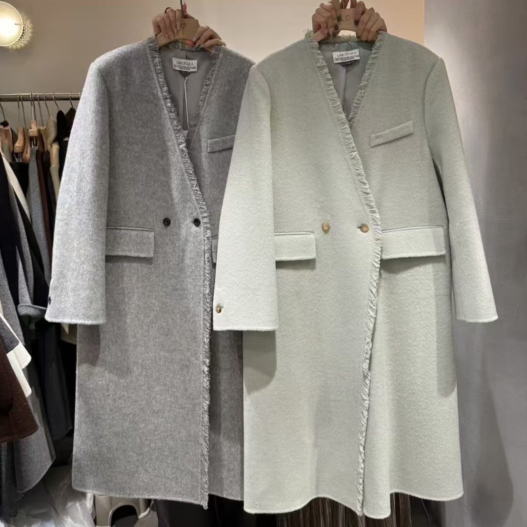 流苏设计长款双面羊毛大衣外套女