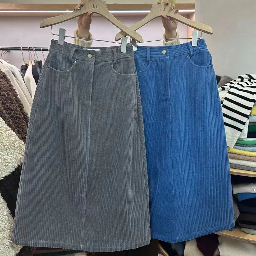 中长款A字开叉加厚灯芯绒半裙女