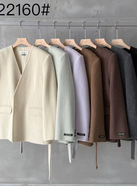 LASCELULA正品实体店同款高质感韩版V领双面羊毛呢外套女羊绒上衣