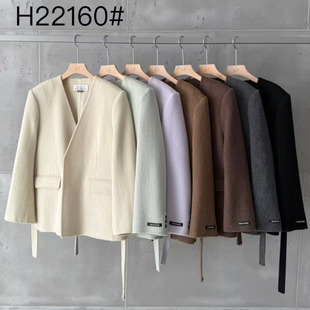 LASCELULA正品实体店同款高质感韩版V领双面羊毛呢外套女羊绒上衣