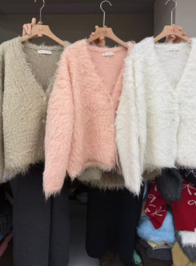 LAS CELULA正品实体店同款慵懒风毛茸茸V领系扣针织开衫女毛衣潮