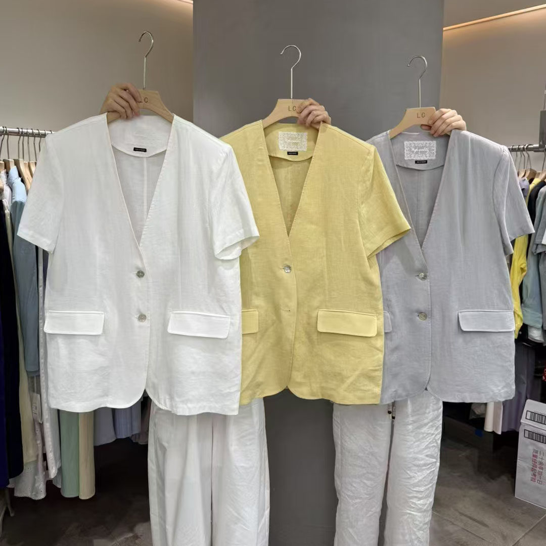 黄色V领短袖亚麻西装外套女