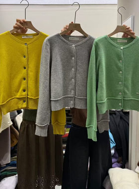 LAS CELULA正品实体店同款100%羊毛圆领针织开衫毛衣外套百搭上衣