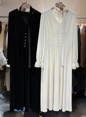 LAS CELULA正品实体店同款黑色丝绒连衣裙女加绒收腰显瘦V领长裙