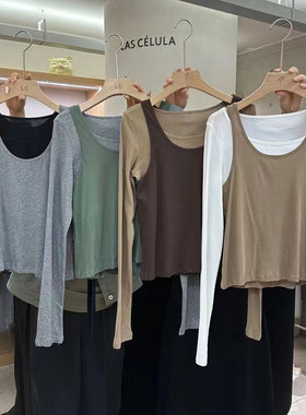 LAS CELULA正品实体店同款灰色圆领拼接假两件长袖T恤上衣女秋潮