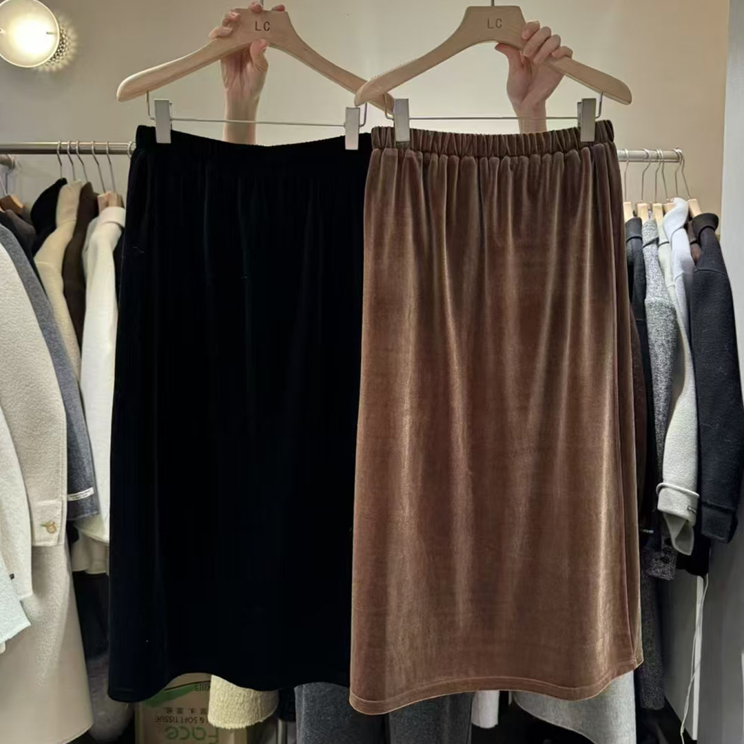 后开叉半身裙丝绒A字半裙女冬季