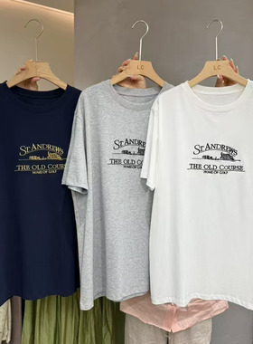 LASCELULA正品实体店同款深蓝色简约字母印花短袖T恤女宽松上衣潮