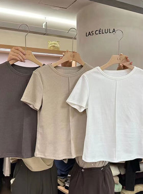 LASCELULA正品实体店同款咖色圆领短袖t恤女秋季纯色百搭打底上衣