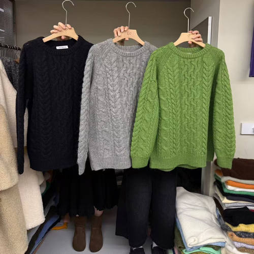 韩版圆领麻花羊毛针织衫女毛衣