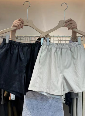 LAS CELULA正品实体店黑色松紧腰pu皮裤女帅气休闲短裤秋季新款潮