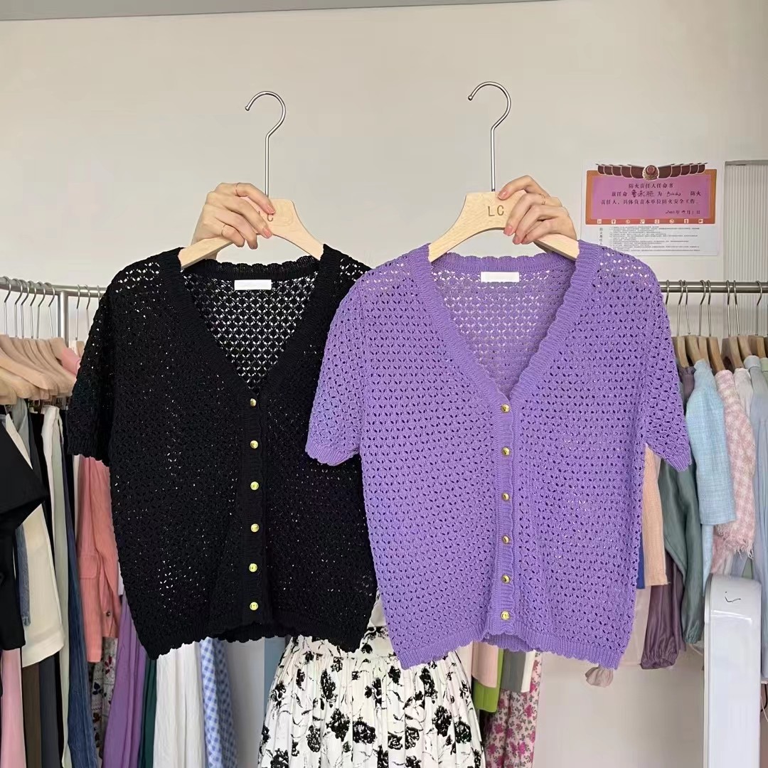 LASCELULA针织单排扣V领镂空开衫