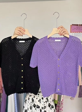 LASCELULA实体店同款高质感绿色镂空针织开衫女短袖V领百搭上衣夏