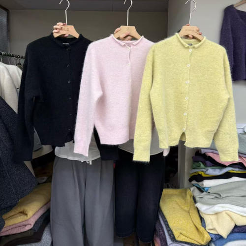 单排扣安哥拉兔毛开衫女毛衣外套