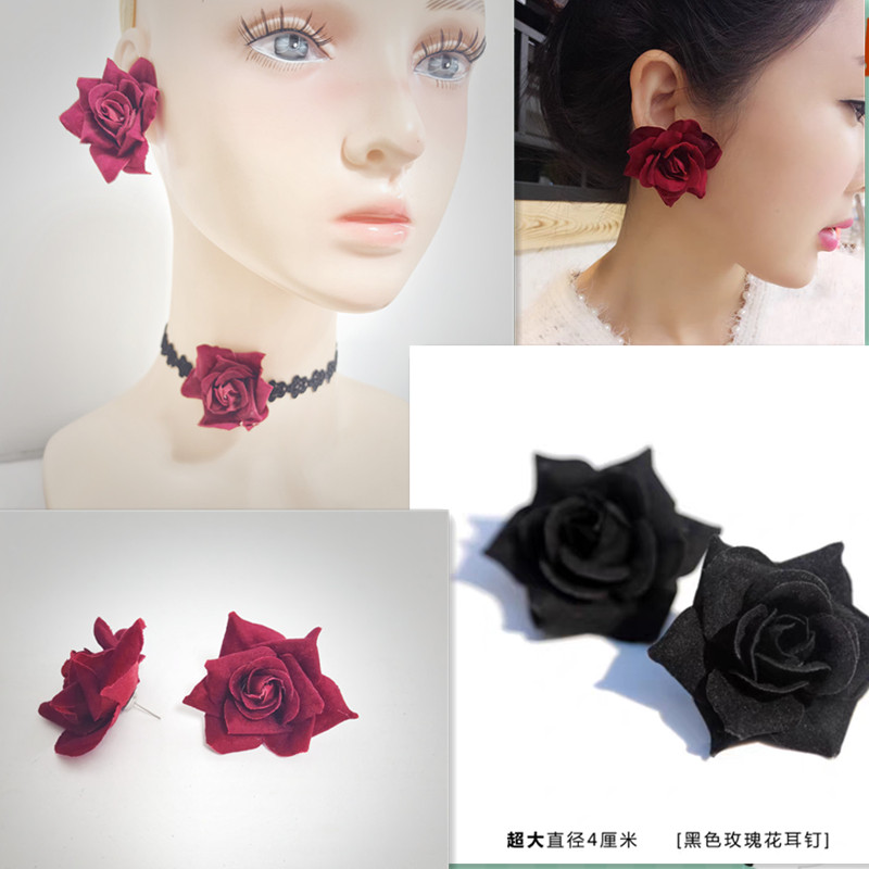 哥特风暗黑系玫瑰耳环项链套装 立体精致花朵甜酷女孩个性穿搭829