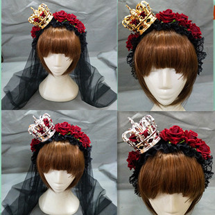 Lolita手作搞死系甜美蕾丝飘带头纱玫瑰皇冠发箍发饰加冕女王