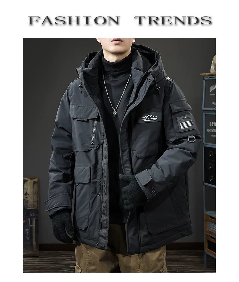 美式潮牌户外三防工装男士羽绒服鸭绒保暖加厚连帽中长款休闲外套
