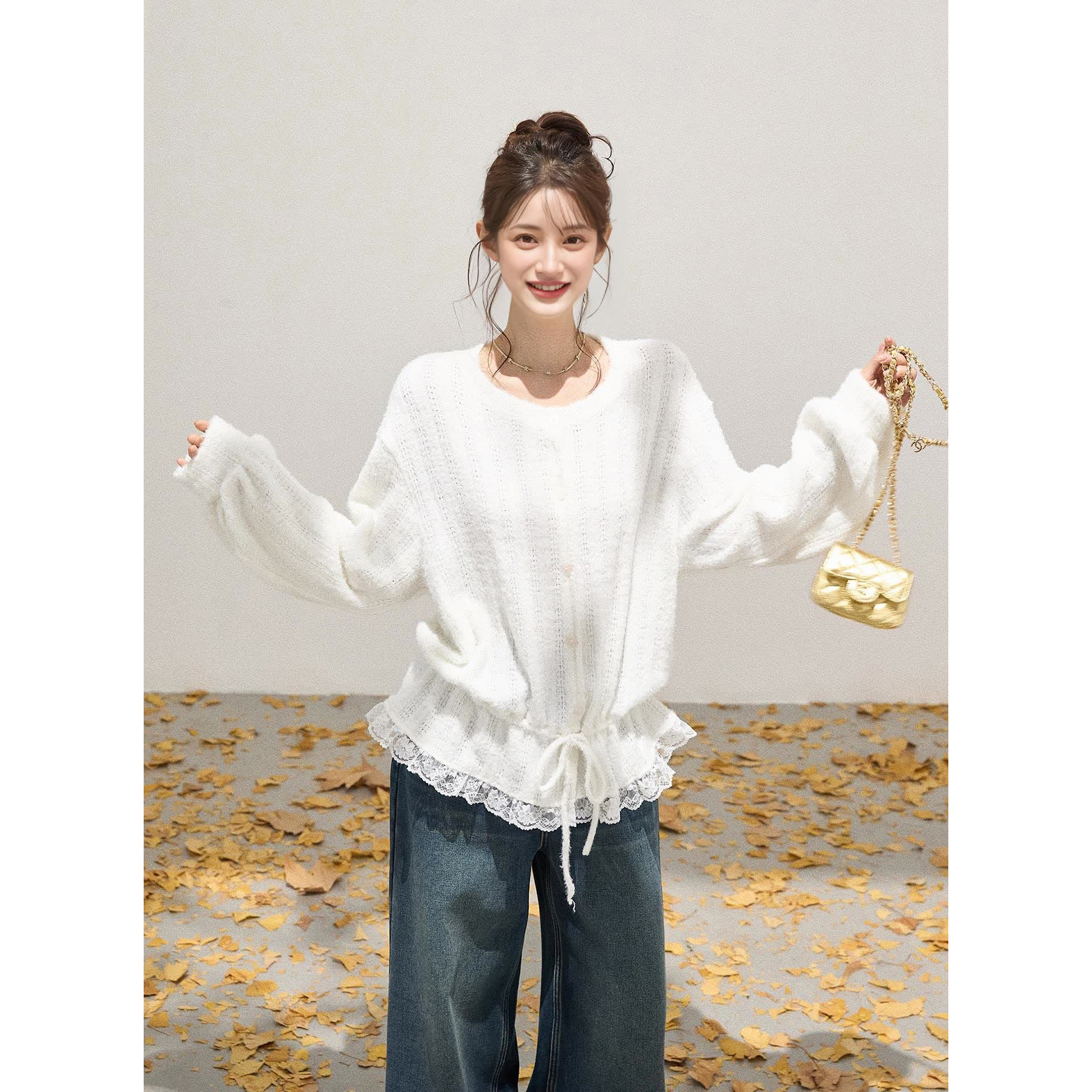 Mostar 镂空拼接蕾丝圆领针织衫女冬季甜美宽松显瘦休闲百搭上衣