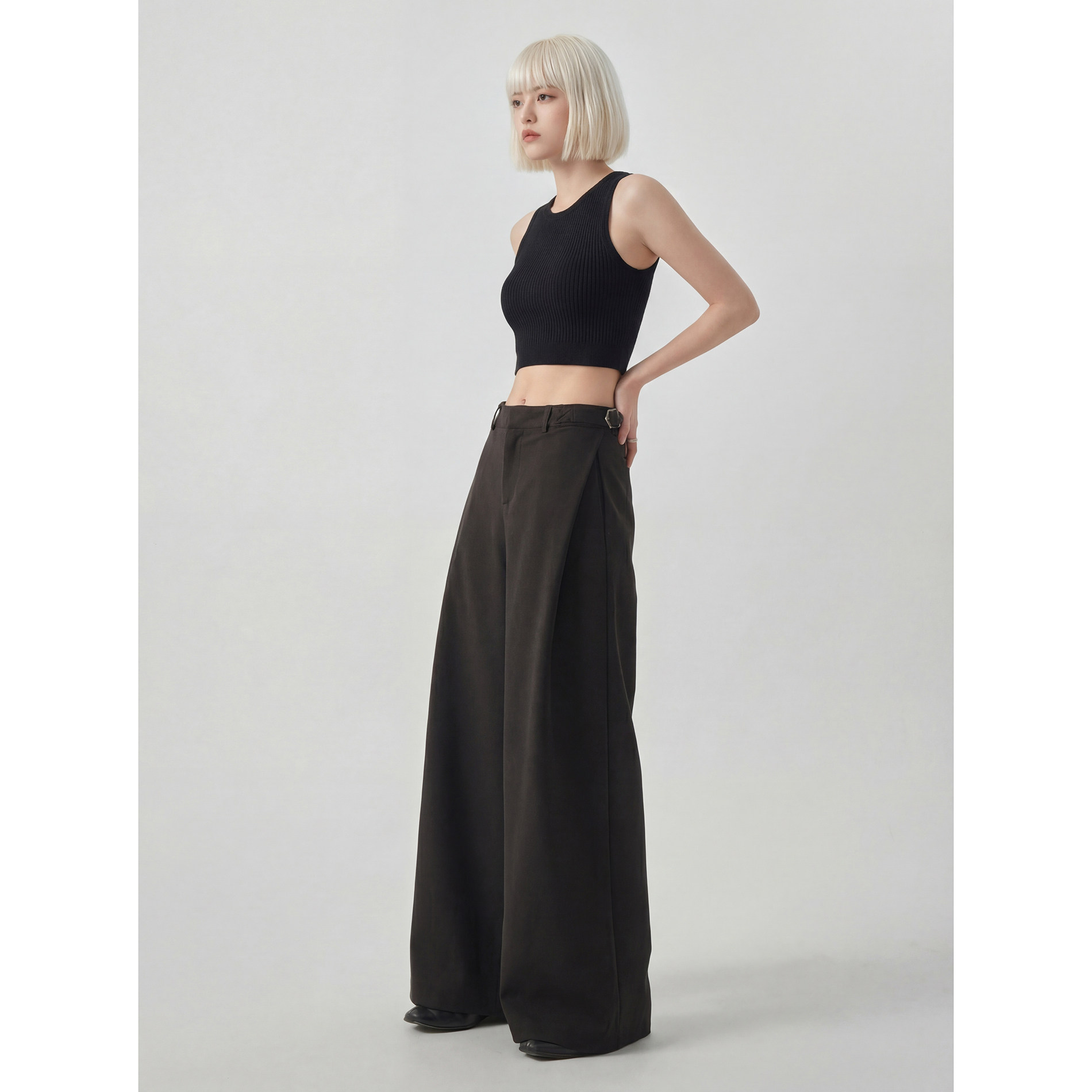 Mostar 黑色复古腰部可调节设计阔腿休闲裤女宽松显瘦直筒裤,女装/女士精品,休闲裤,淘宝优惠券,粉丝福利购,淘宝优惠卷