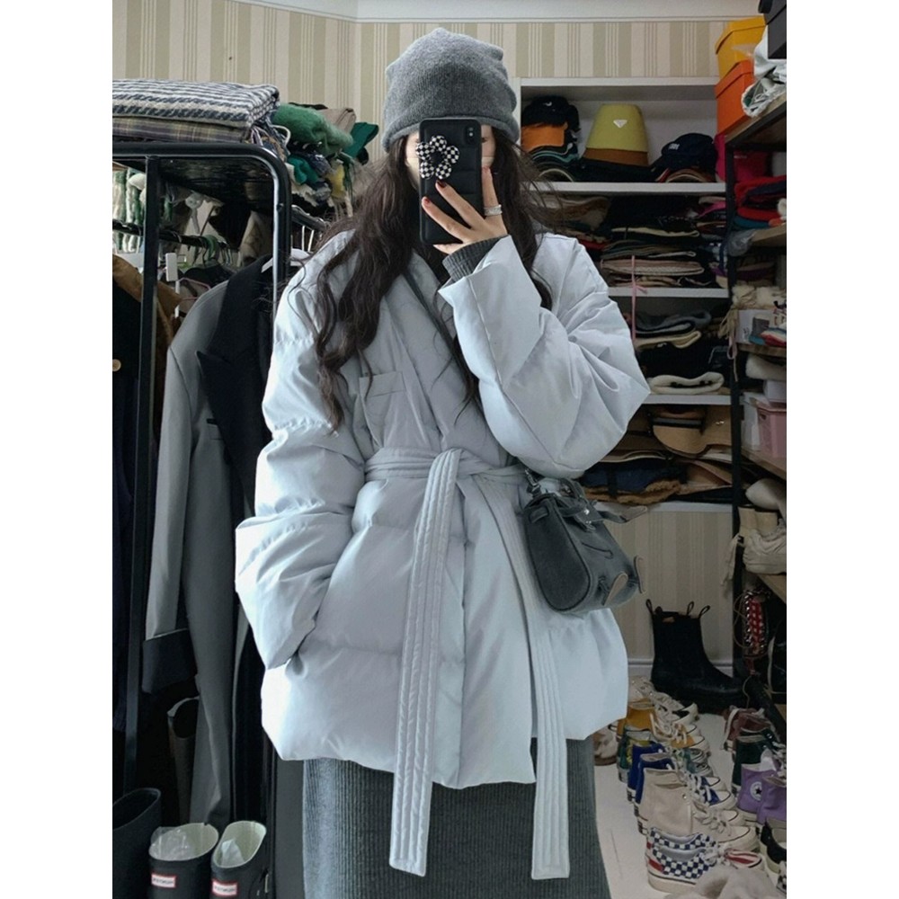 Mostar 蓝色收腰羽绒服女冬季2025韩系新款甜美小个子白鸭绒外套