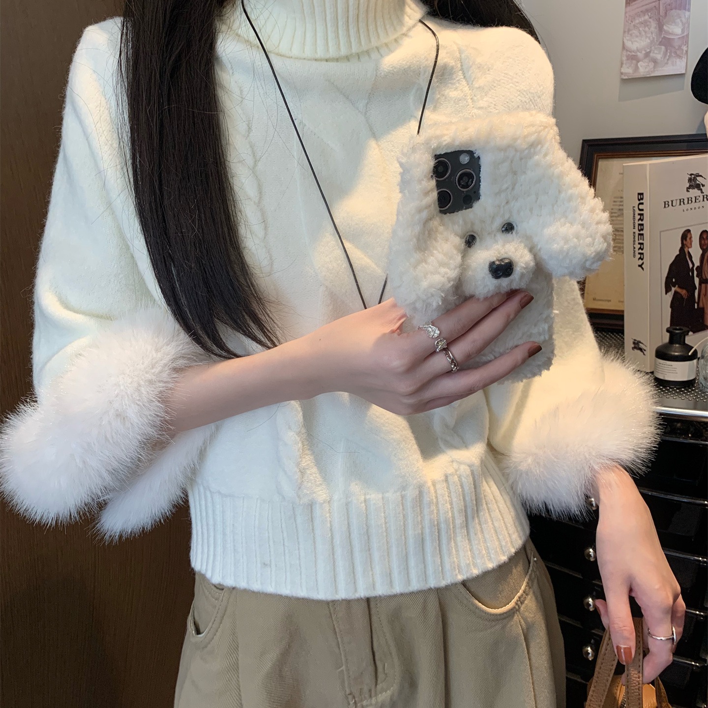 卡其色袖口毛毛高领套头毛衣女秋冬季宽松麻花针织衫慵懒长袖上衣