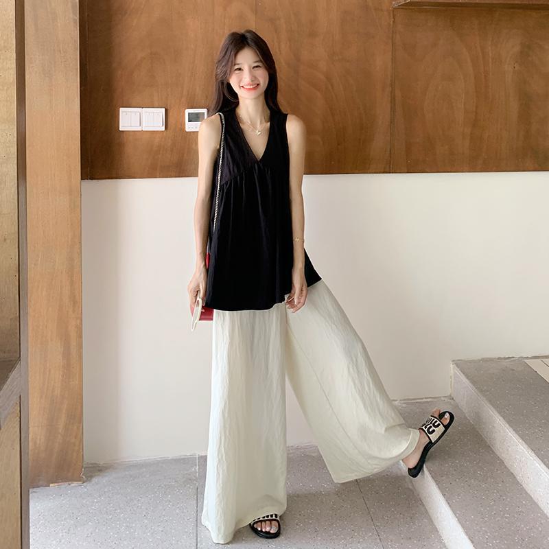 韩系搭配一整套女夏季2025新款V领无袖背心上衣阔腿裤休闲两件套