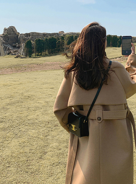 赫本风黑色毛呢外套女中长款秋冬季加厚韩系高级感呢子大衣小个子