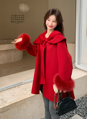 回门订婚结婚红色蝴蝶结羊毛双面呢外套女冬中长款狐狸毛呢子大衣