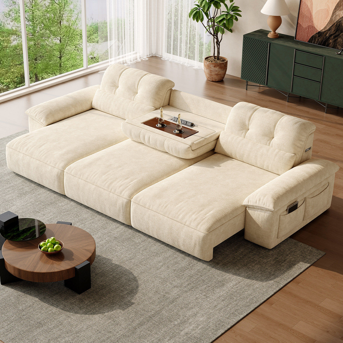 奶油风电动多功能沙发雪尼尔现代简约客厅大小户型两用伸缩沙发床,住宅家具,功能沙发,淘宝优惠券,粉丝福利购,淘宝优惠卷